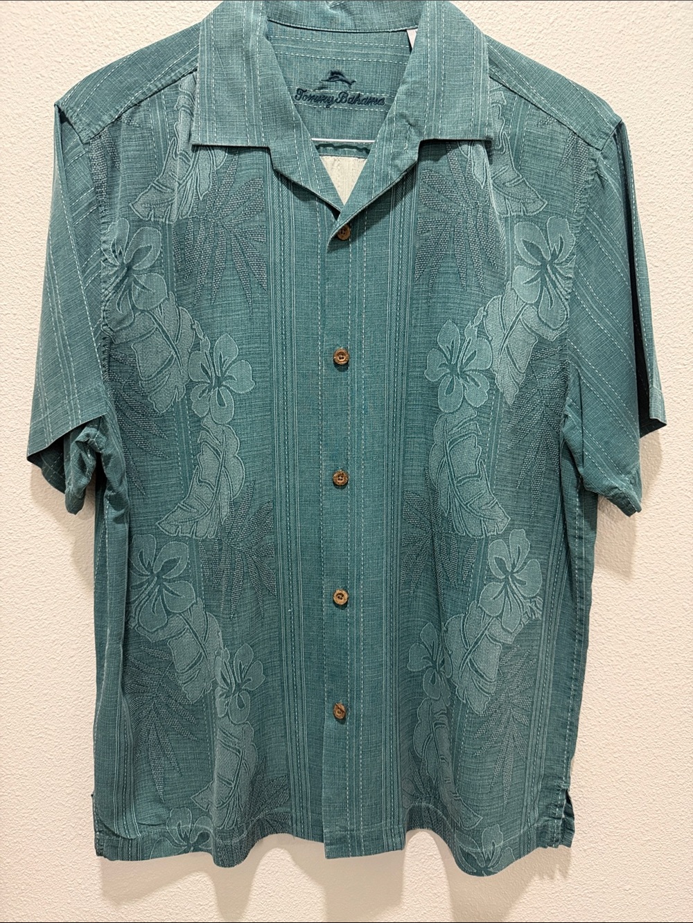 Tommy Bahama 100% Silk Teal Green Floral-Pattern Short Sleeve Camp Shirt - Picture 2 of 5